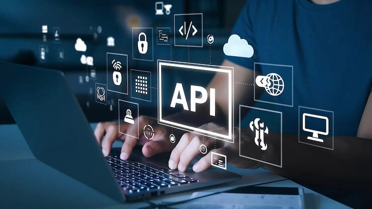 Developer working with API and cloud icons