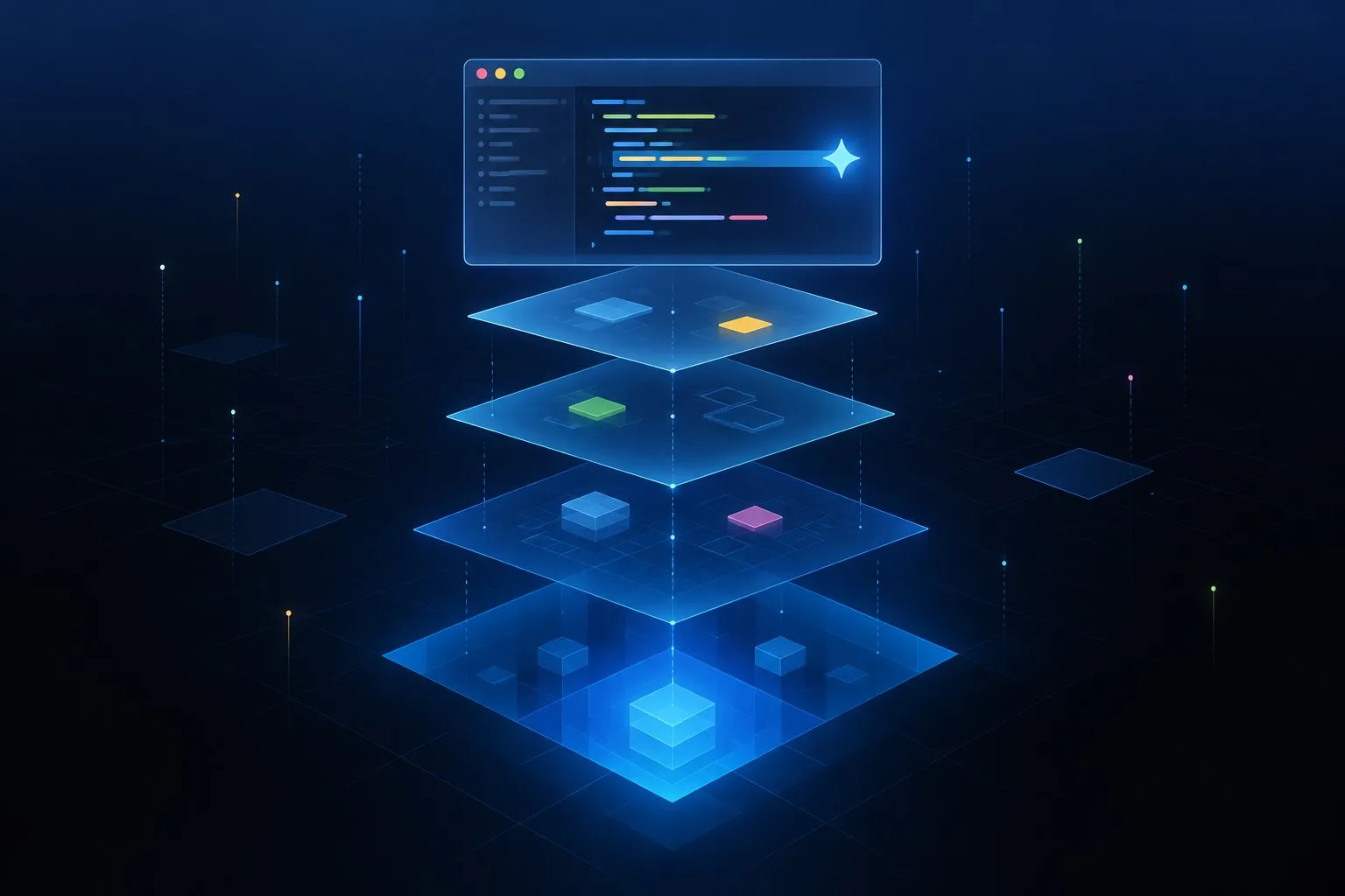 Illustration of a code editor with an AI suggestion above layers descending into the depths