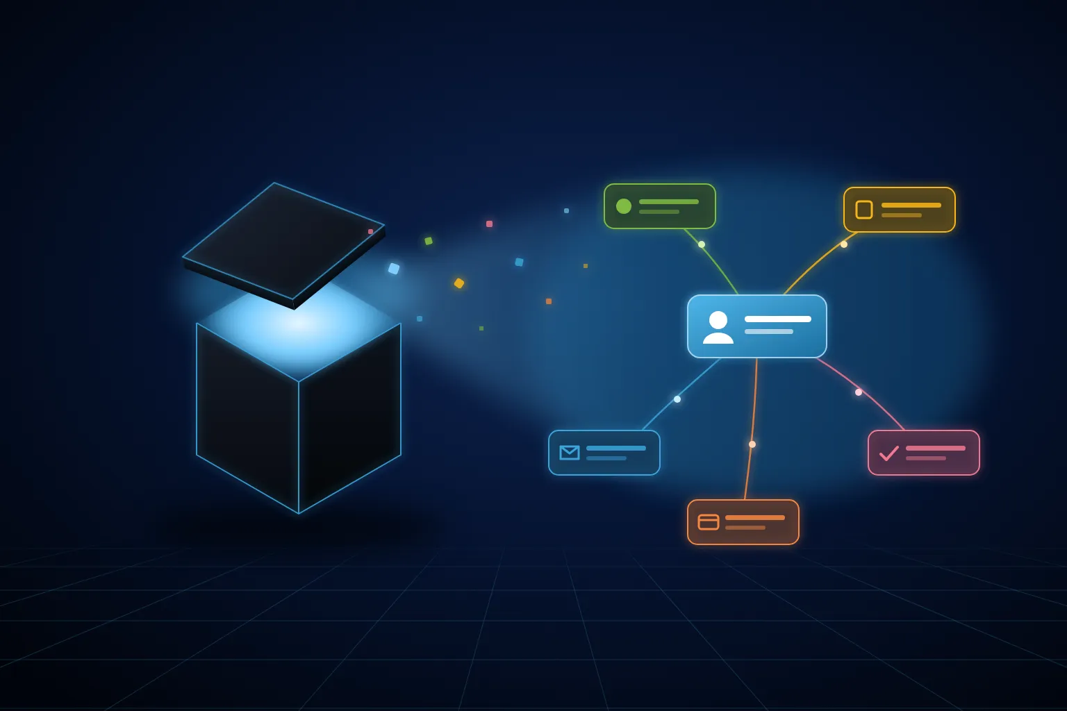 Illustration of a glowing black box opening, with its contents forming a connected model of contact, learning, payment, and communication records