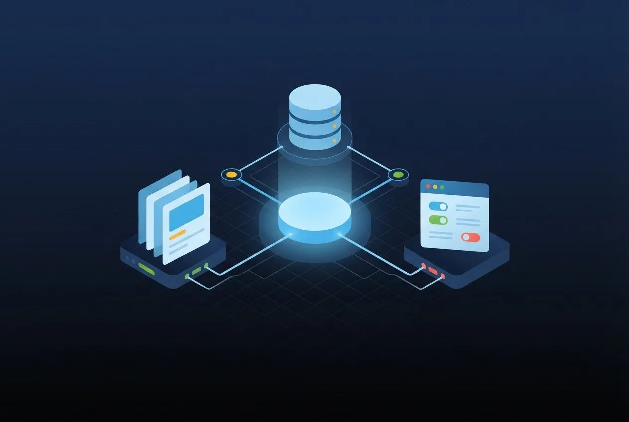 Illustration of a glowing AI hub connected to content, data and settings modules