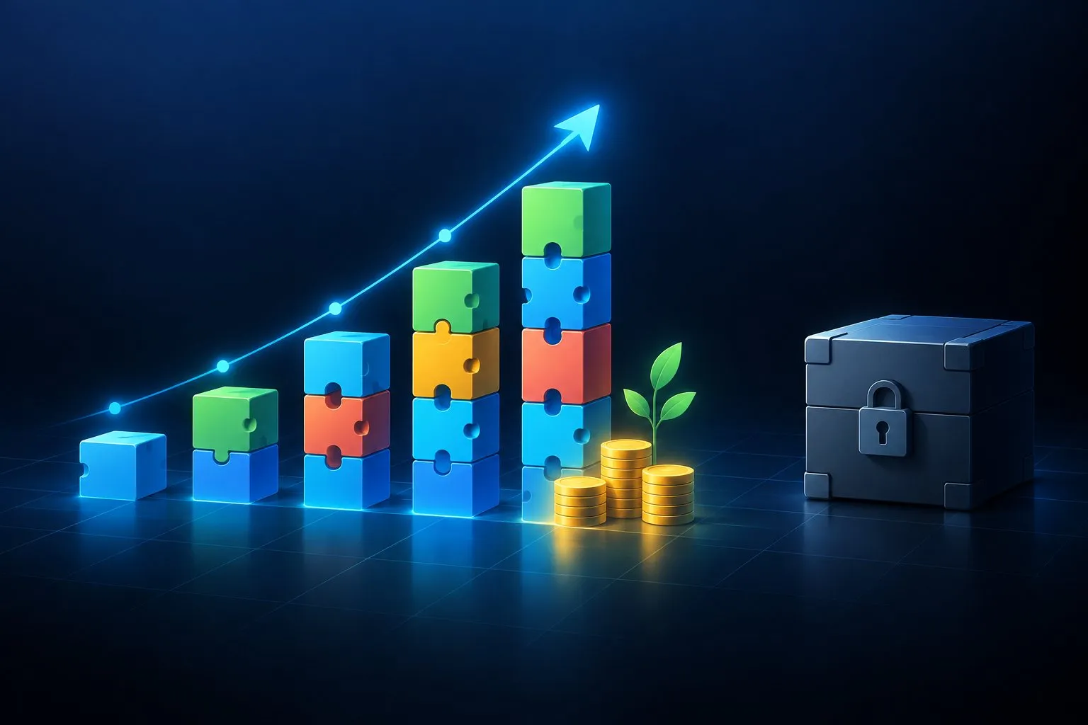 Illustration of a rising bar chart built from open modular blocks beside a locked box