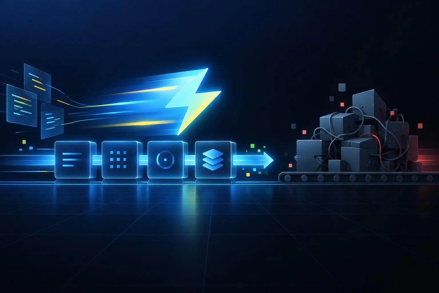 Illustration of a lightning bolt racing through a lean build pipeline past a tangled pile of boxes