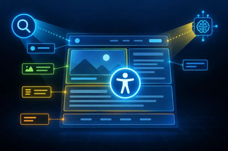 Illustration of a structured web page with an accessibility icon being scanned by search and AI