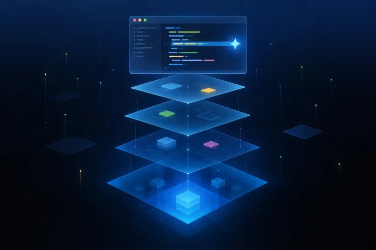 Illustration of a code editor with an AI suggestion above layers descending into the depths