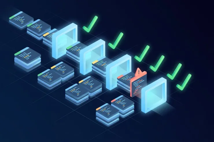 Illustration of code modules passing through test gates, with check marks and one caught failure