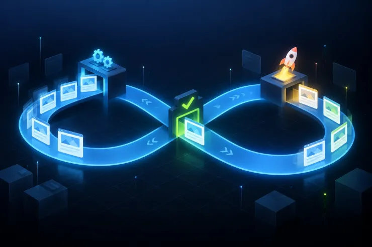 Illustration of web pages moving around an infinity-loop pipeline through build, check and launch stations