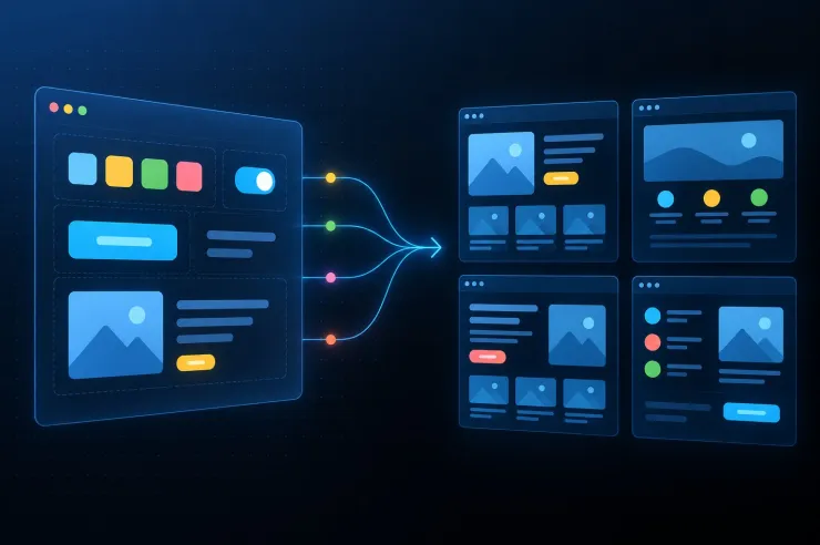 Illustration of design system components on a canvas flowing into a grid of consistent web pages