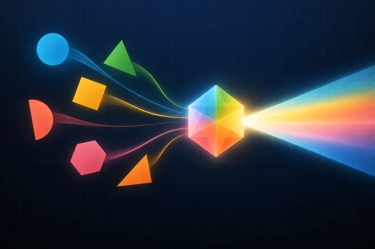 Illustration of differently shaped and colored pieces converging into a prism that casts a bright beam