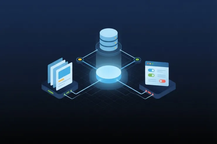 Illustration of a glowing AI hub connected to content, data and settings modules