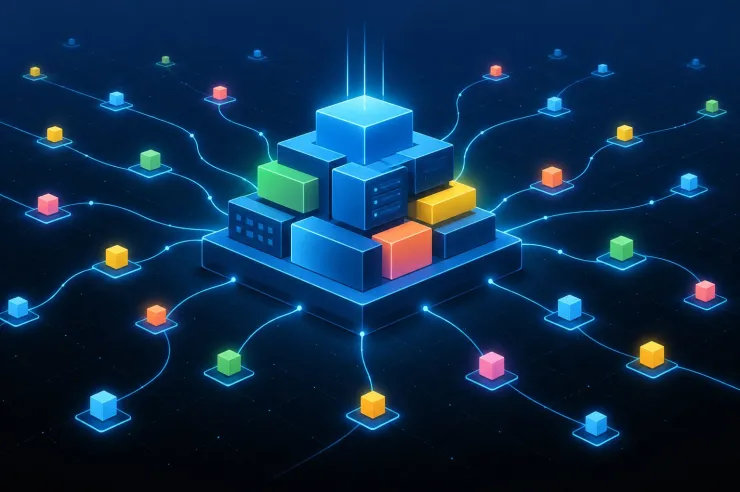 Illustration of many contributor nodes connected to a central enterprise platform