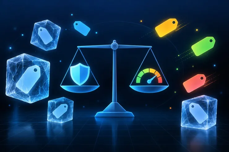 Illustration of tags frozen in ice around a scale balancing a privacy shield and a speed gauge
