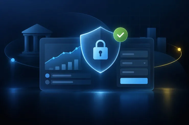 Illustration of a financial dashboard protected by a shield with a padlock and a verified check