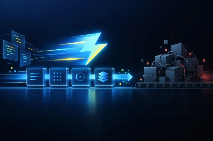 Illustration of a lightning bolt racing through a lean build pipeline past a tangled pile of boxes