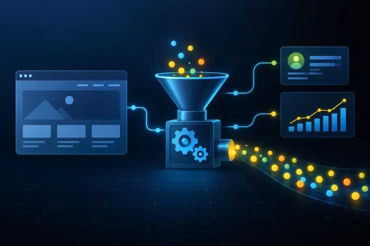 Illustration of a static web page feeding a funnel connected to a CRM card and analytics, with leads flowing out
